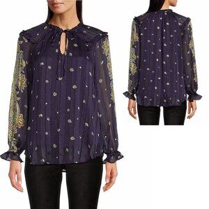 NWT New Figueroa & Flower Printed Ruffle Tie Neck Long Sleeve Blouse Size L